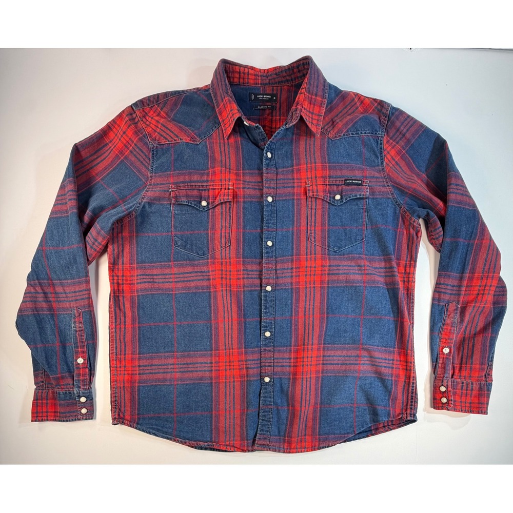 Lucky Brand Mens XL Classic Fit Red Blue Plaid Western Pearl Snap Denim Shirt